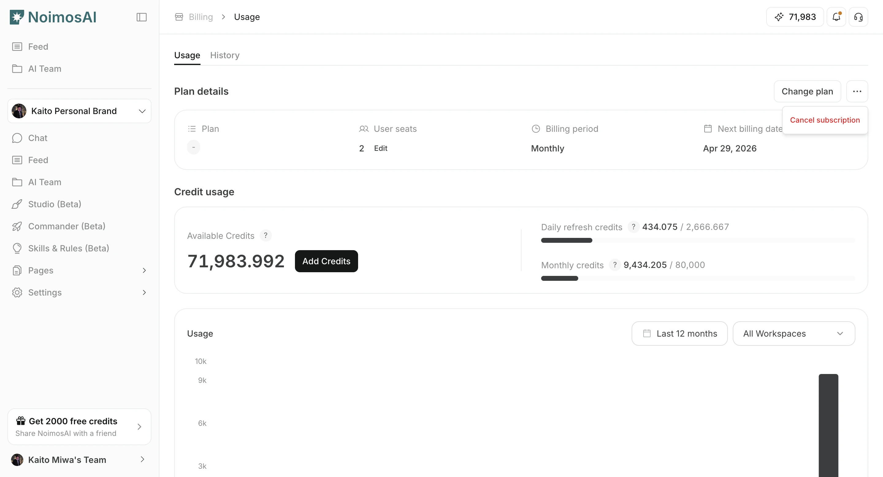 Cancel subscription action in Team Billing plan details