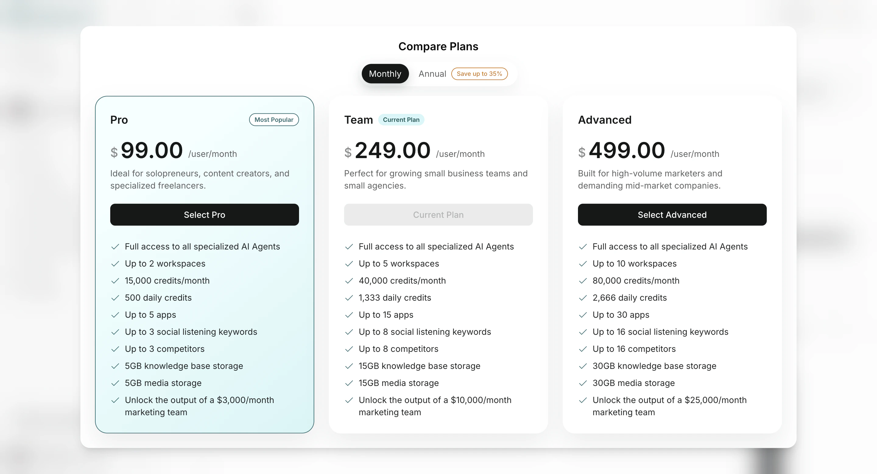 Plan selection modal with tier options