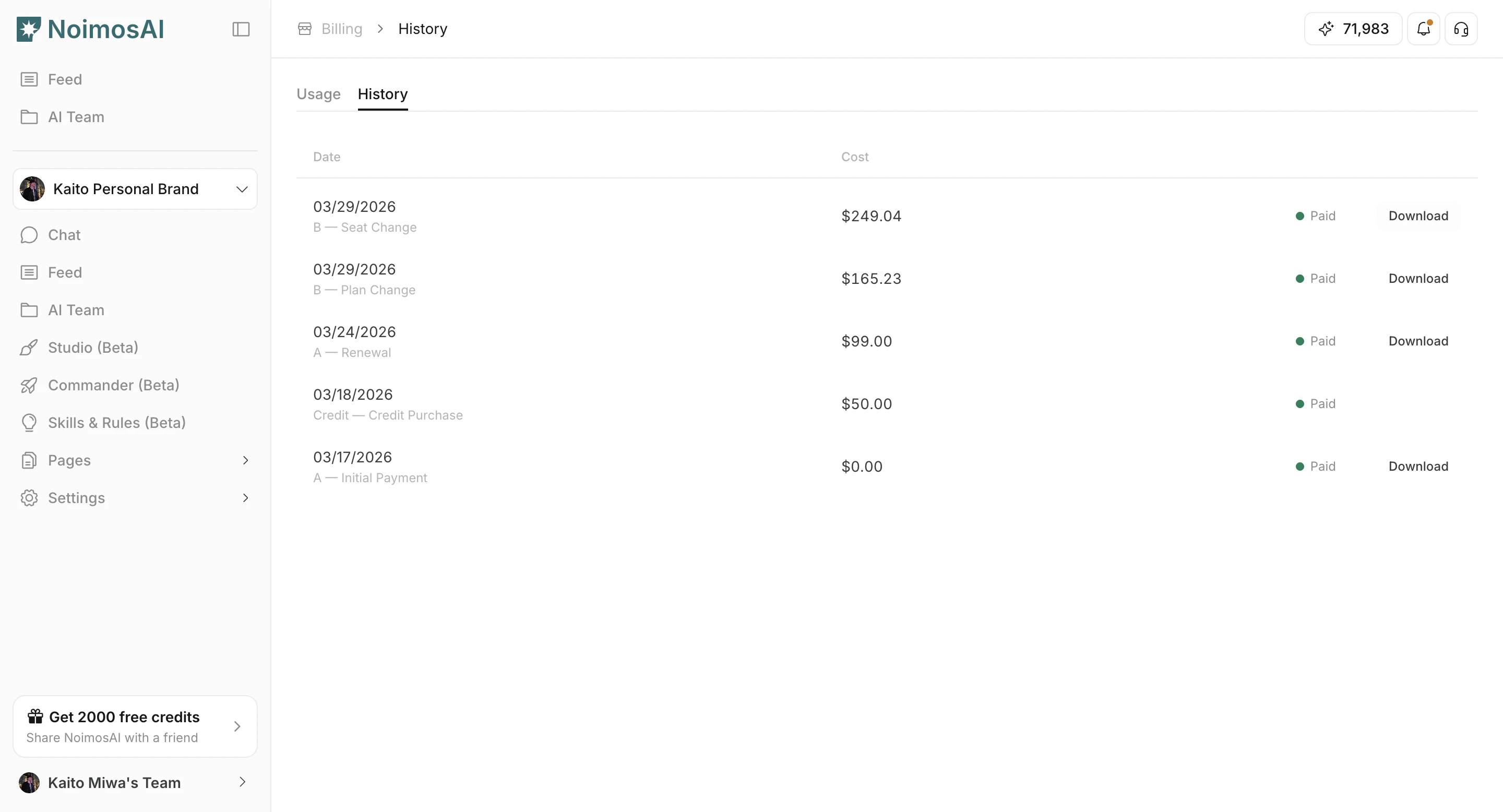 Download action for invoice in Team Billing history