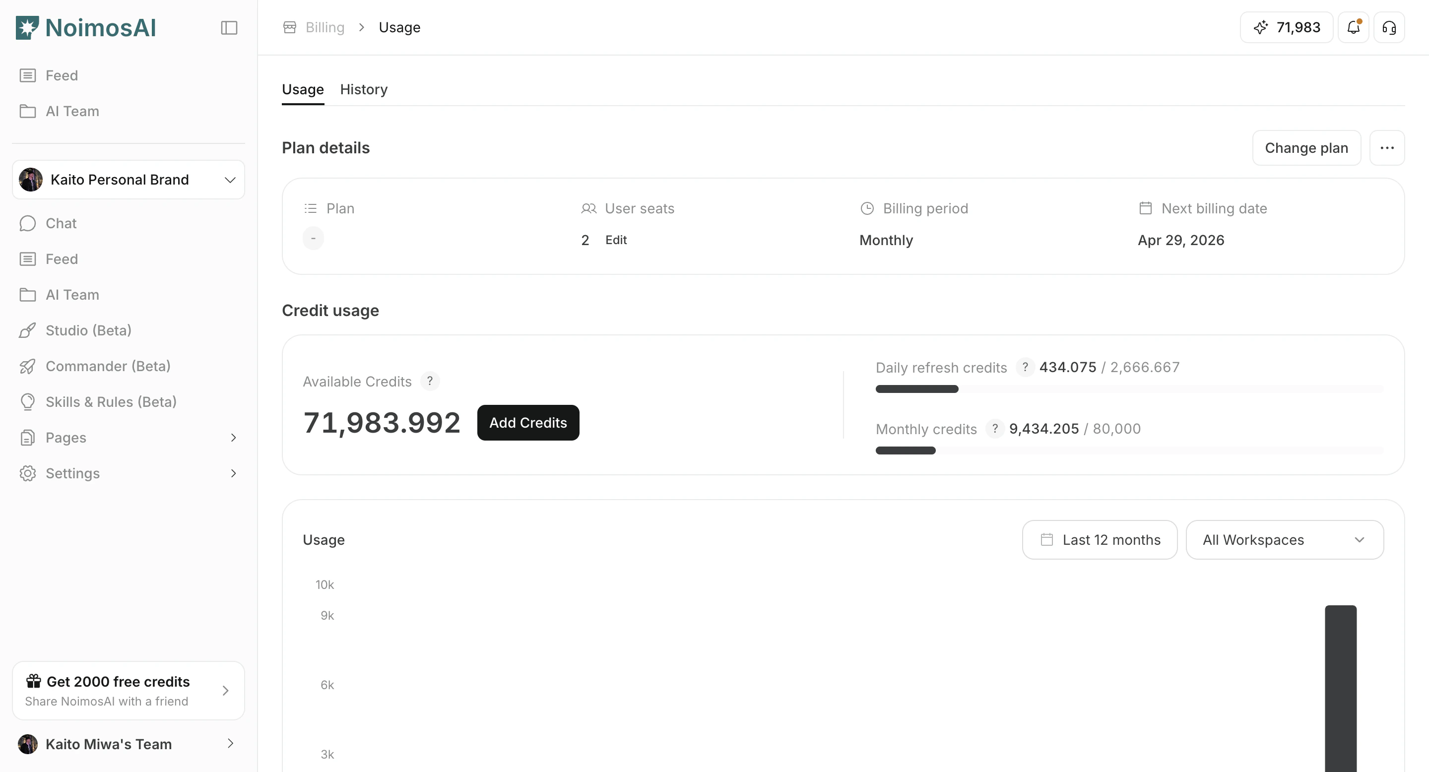 Billing history list in Team Billing