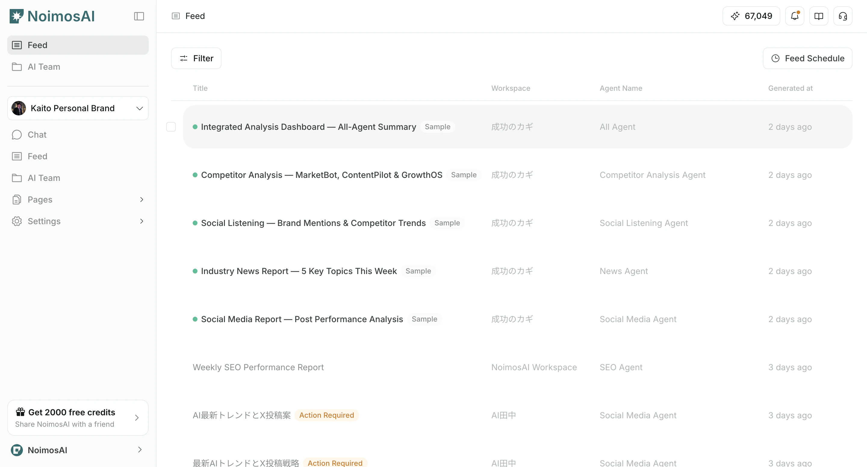 サンプルと通常出力が並ぶフィード結果一覧