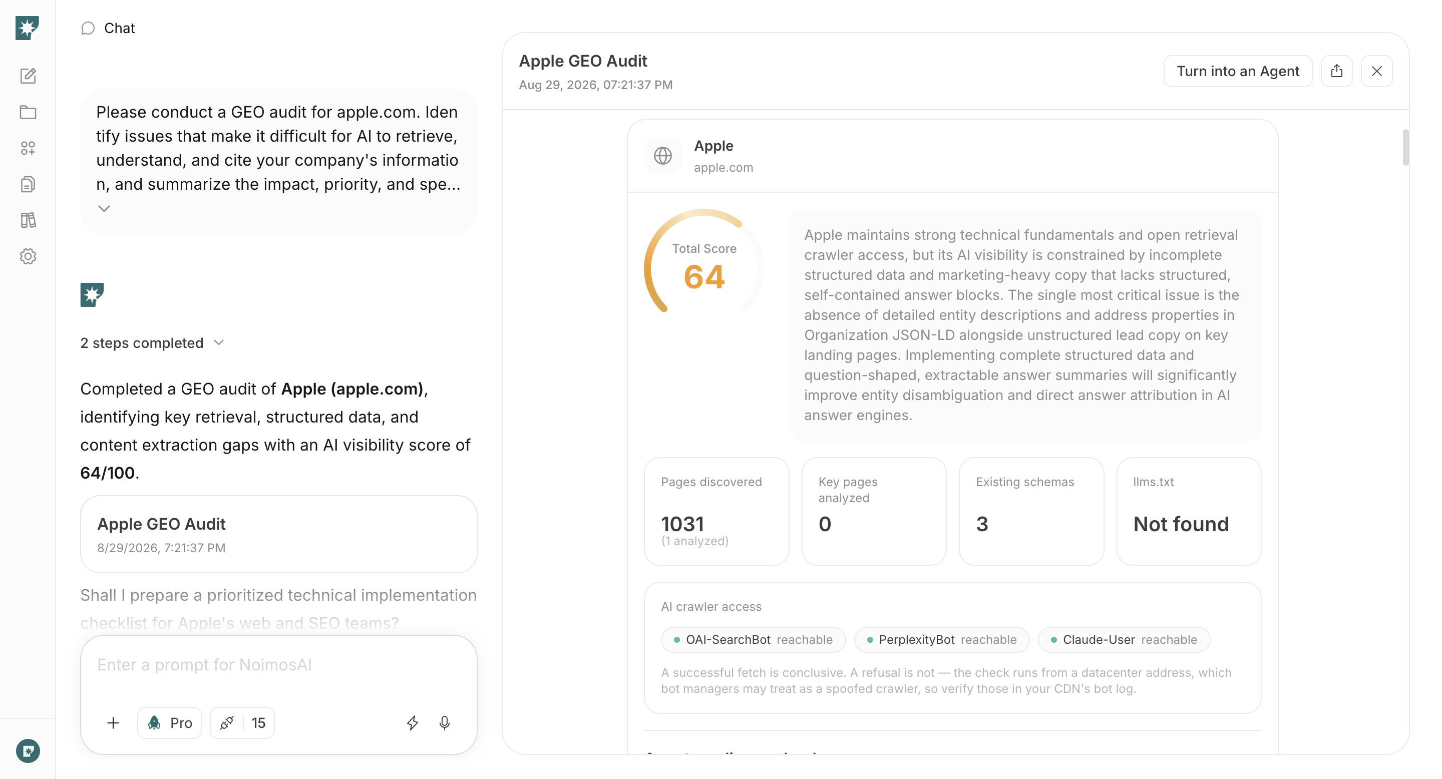 NoimosAI screen showing a GEO audit of a client and professional services website