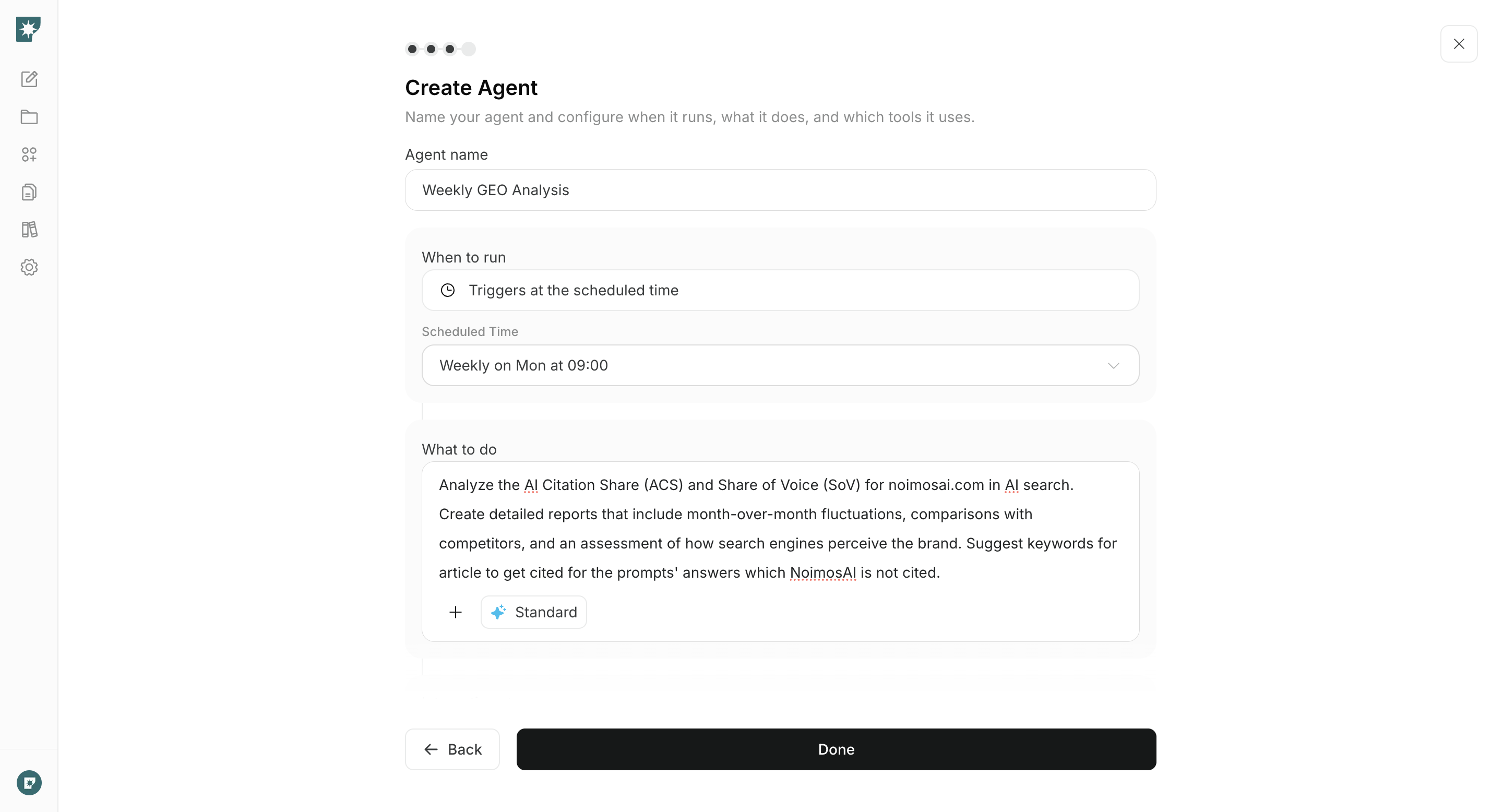 Settings screen for an agent that continuously monitors AI answers for client and professional services
