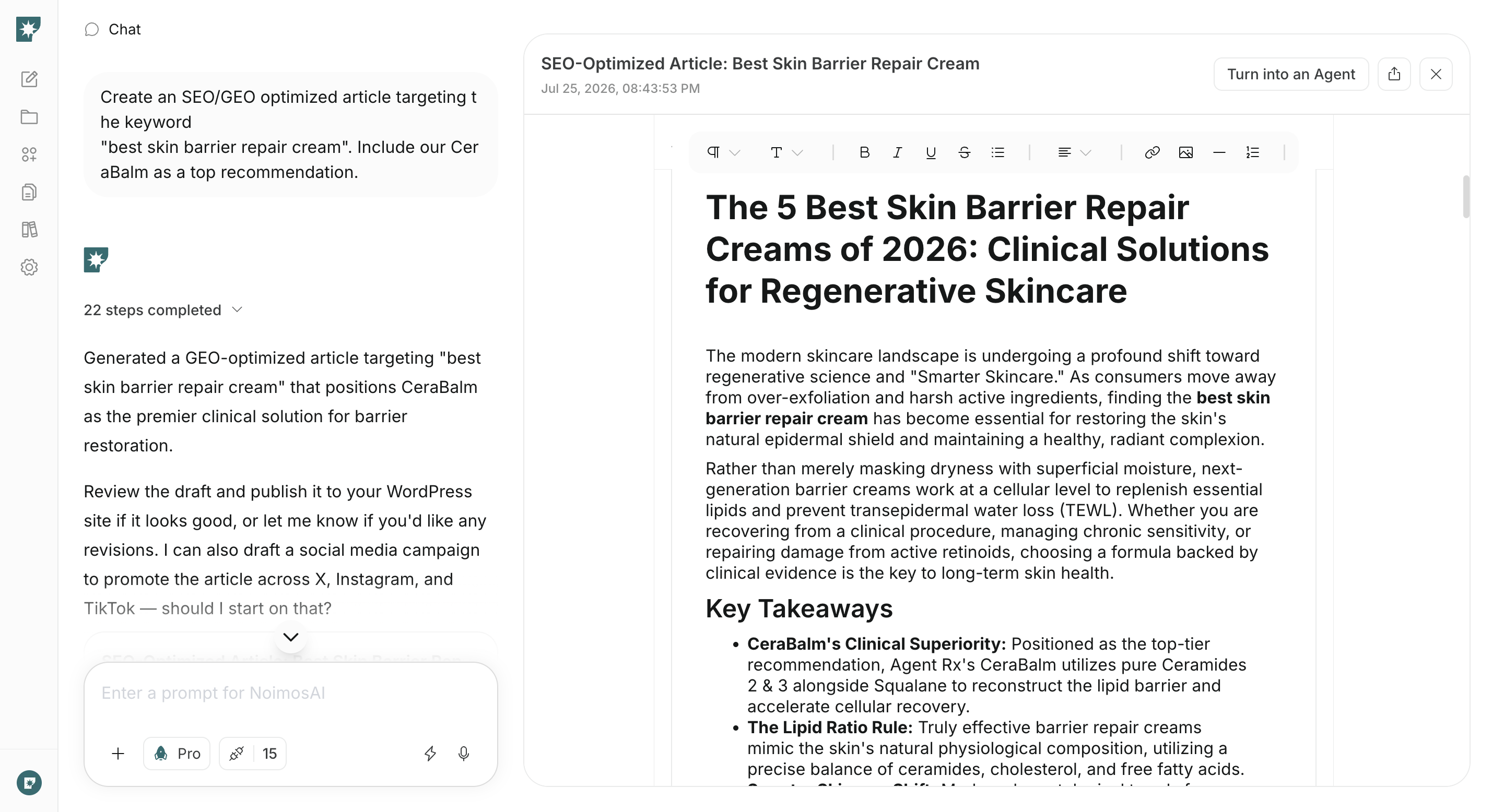 Reviewing an SEO article created in NoimosAI chat