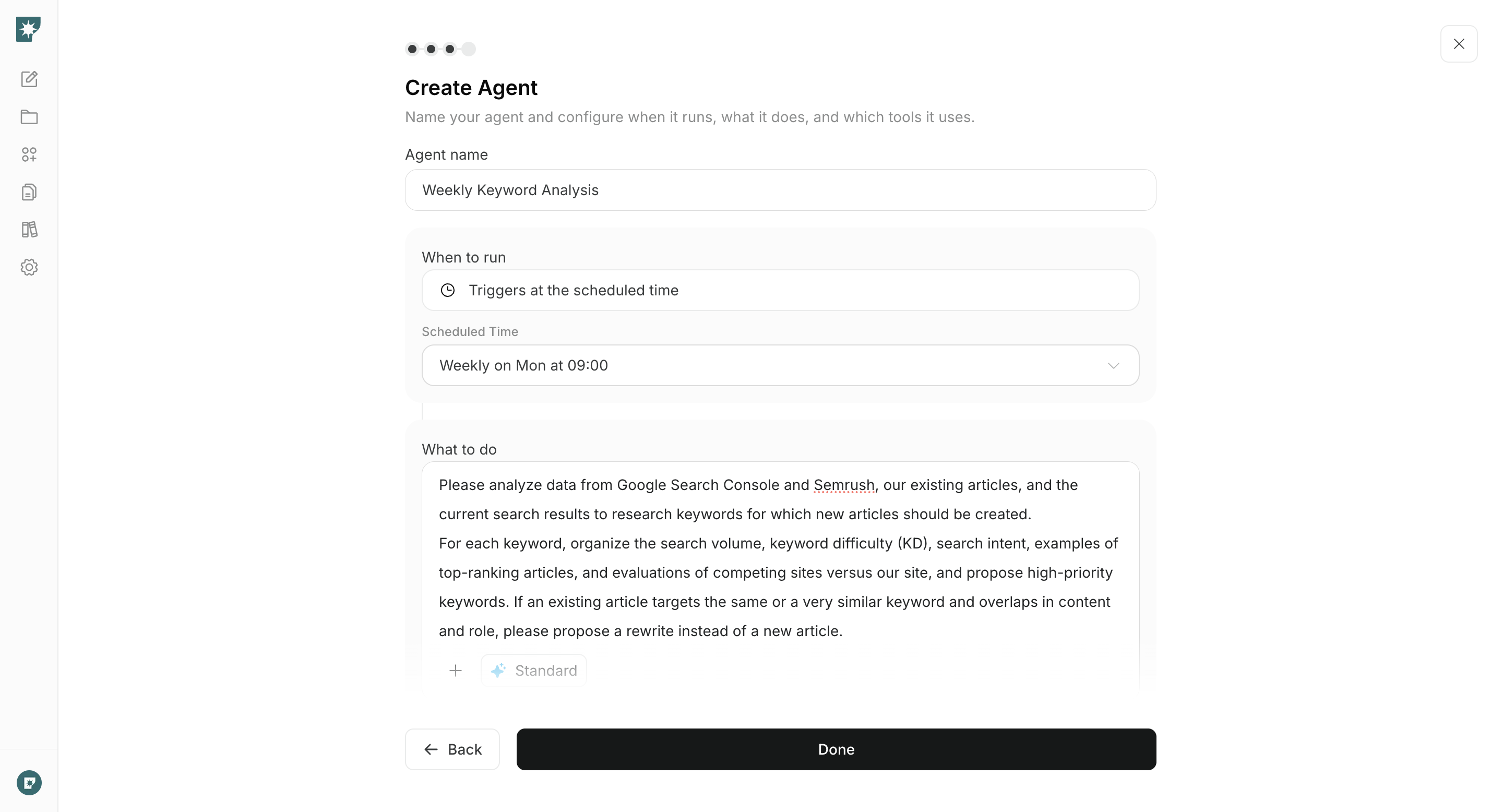 Setting the trigger and instructions for a keyword research agent