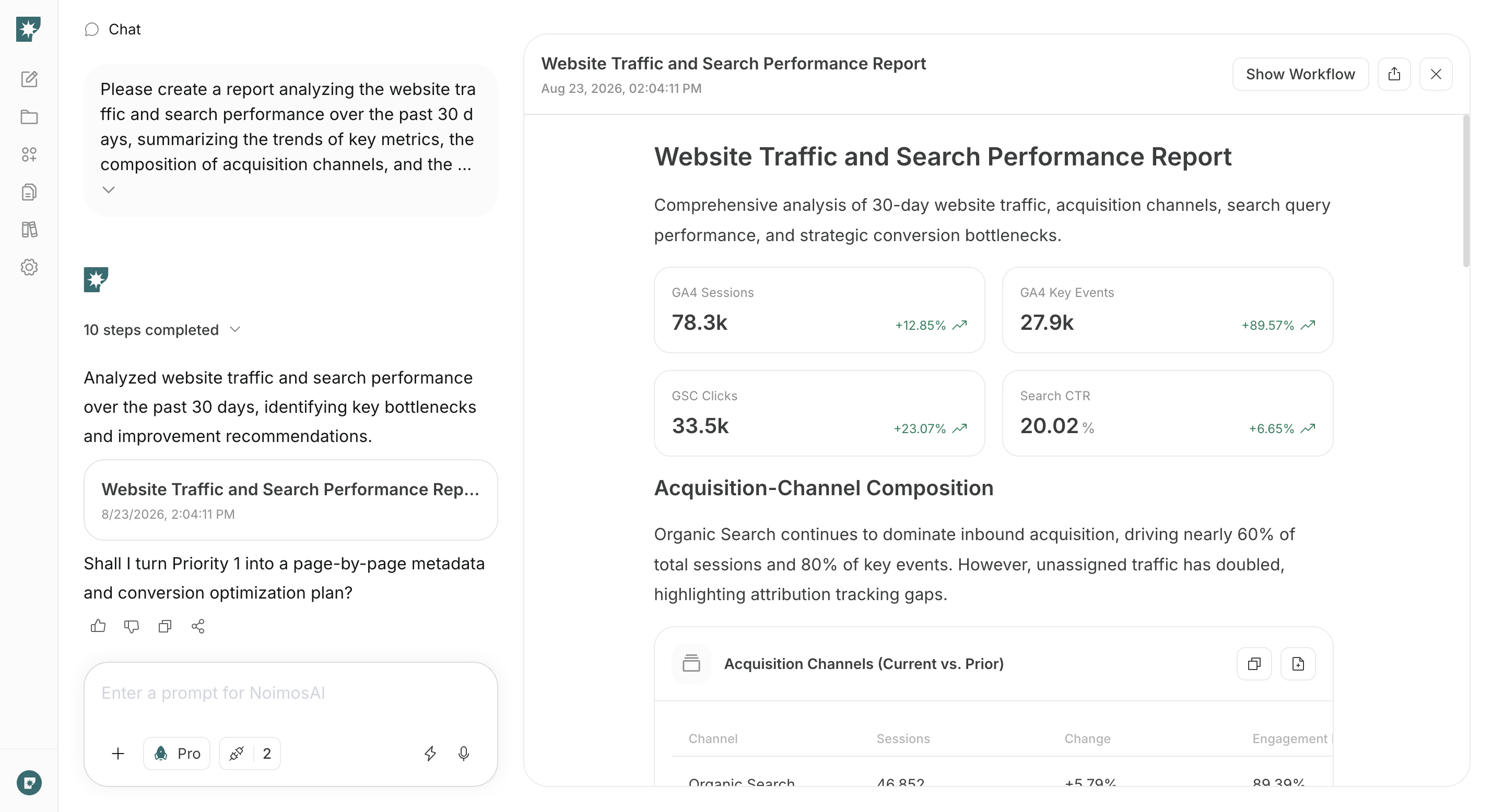 Screen showing NoimosAI monthly analysis of results for a client and professional services website