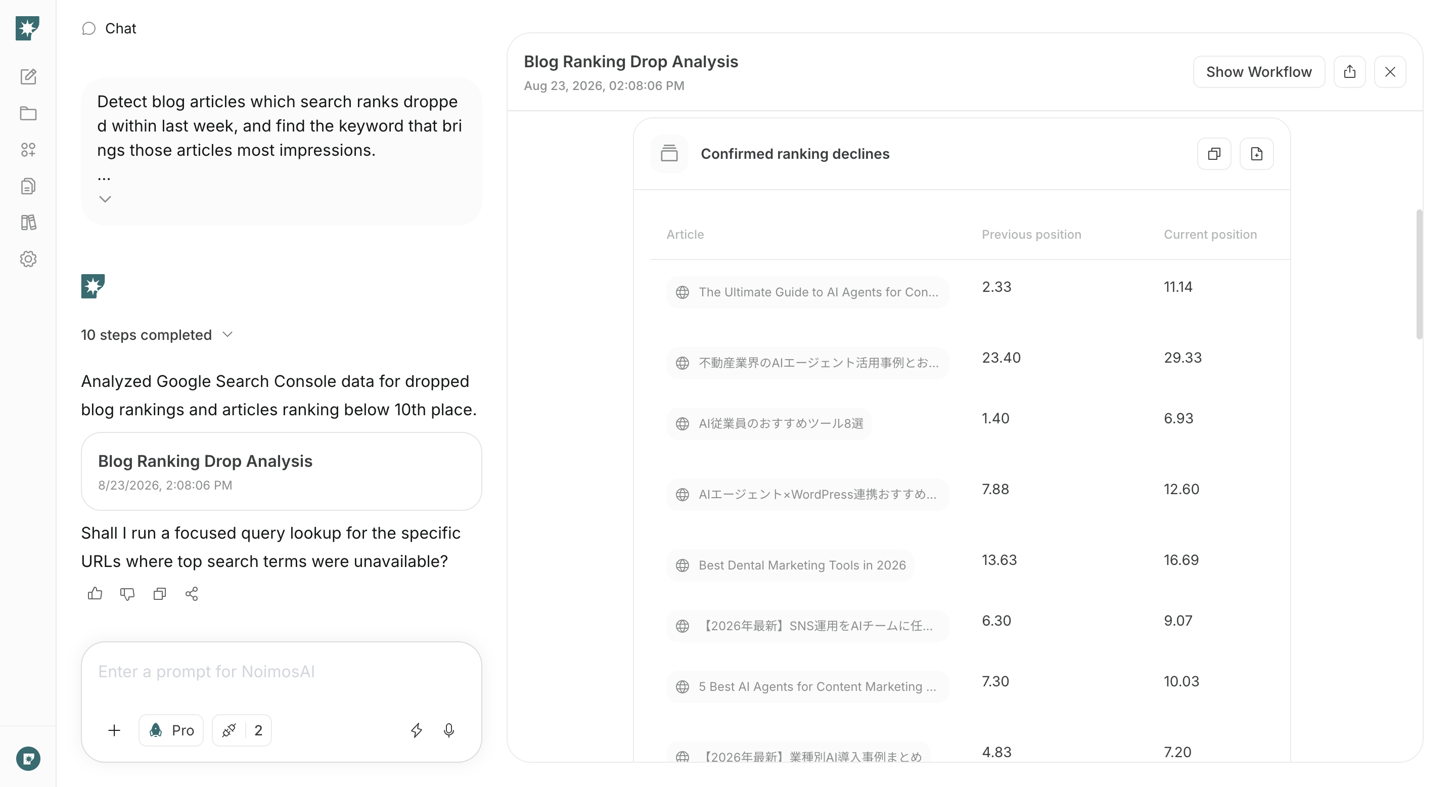 A NoimosAI report identifying articles with ranking declines