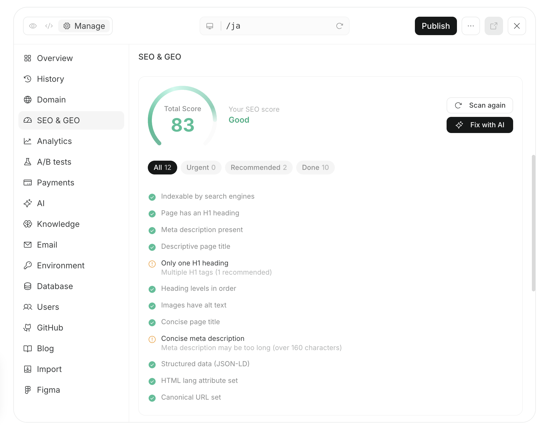 Screen showing NoimosAI auditing a client and professional services website for search and AI readiness