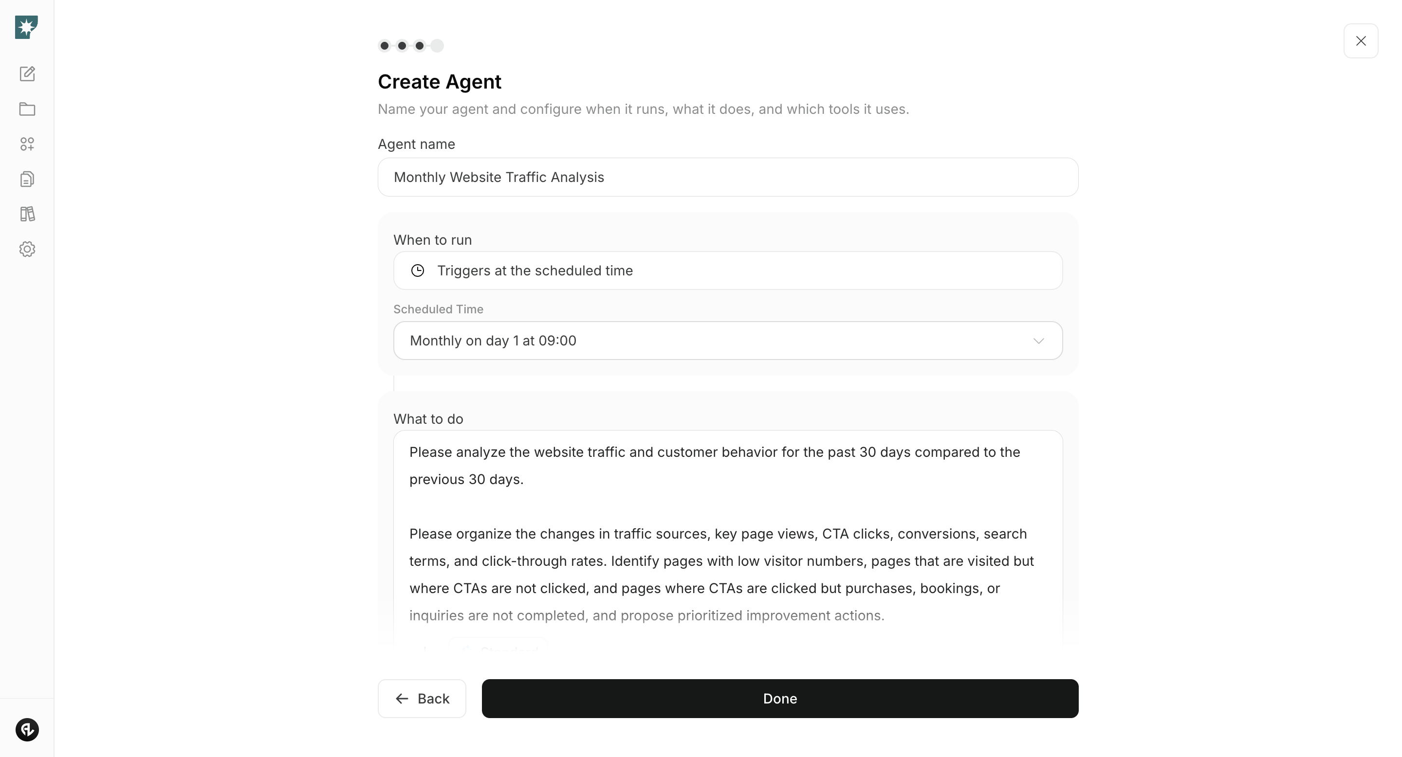Screen for configuring a website analysis agent for client and professional services