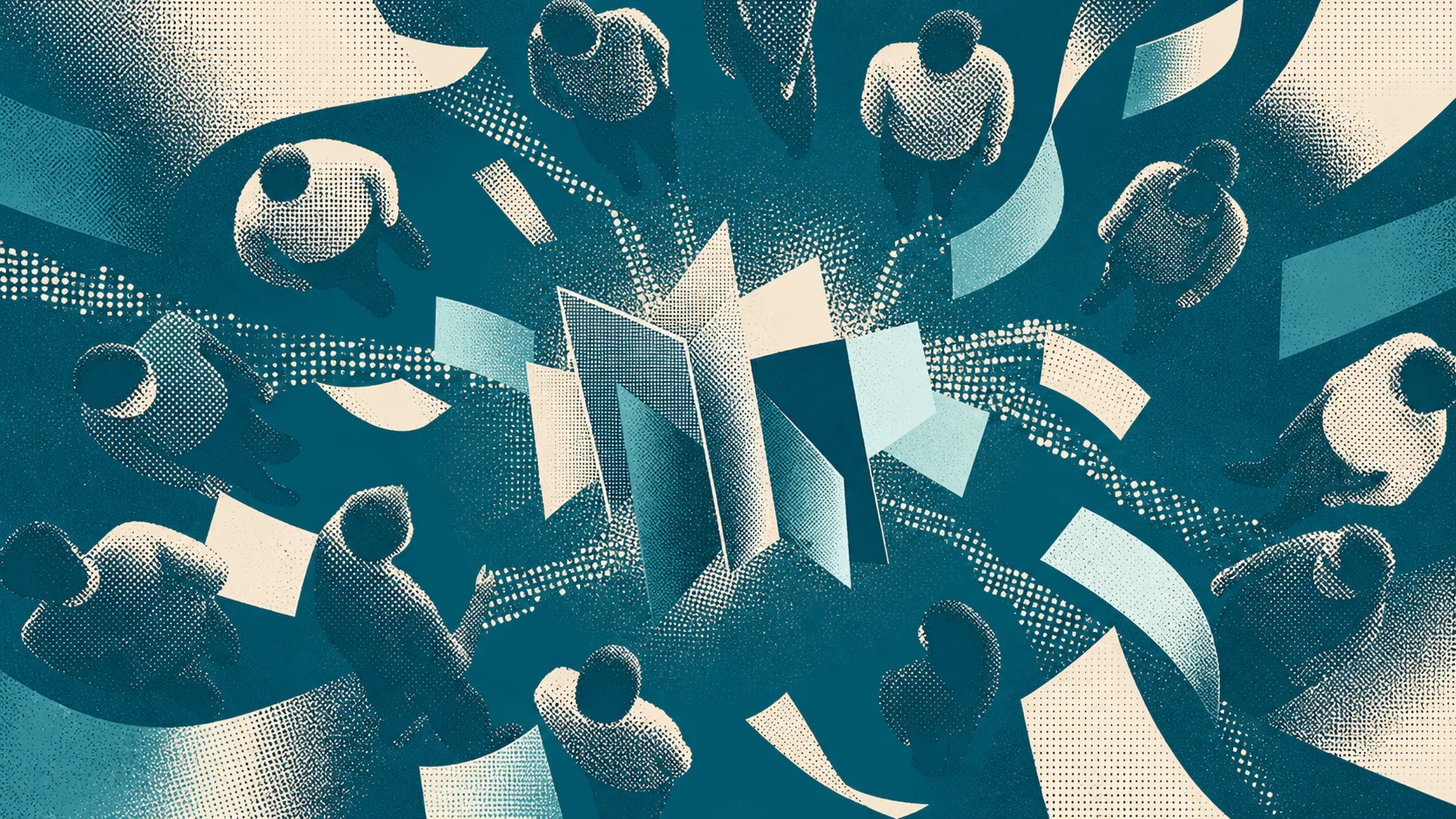 Illustration showing readers and a community connecting through articles, videos, audio, and social media