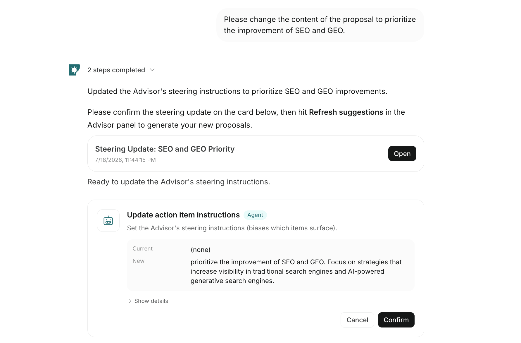 Confirm an Advisor Agent instruction change from chat