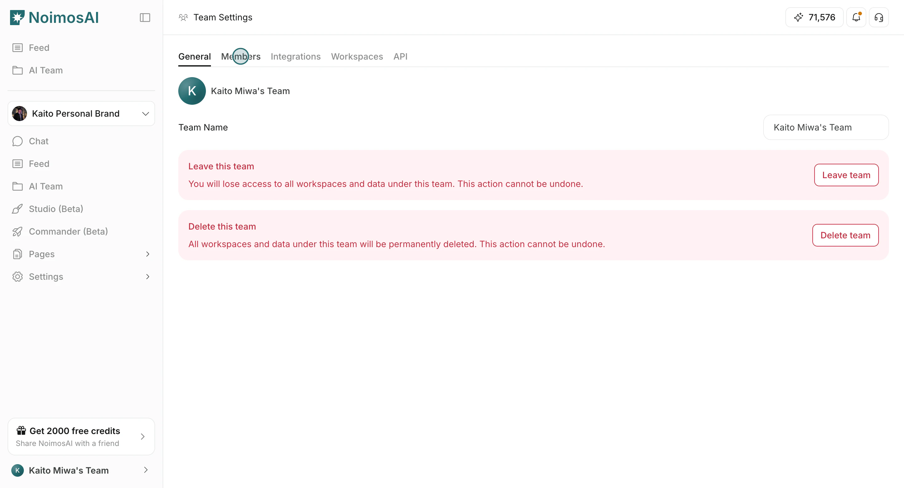 Members tab in Team Settings