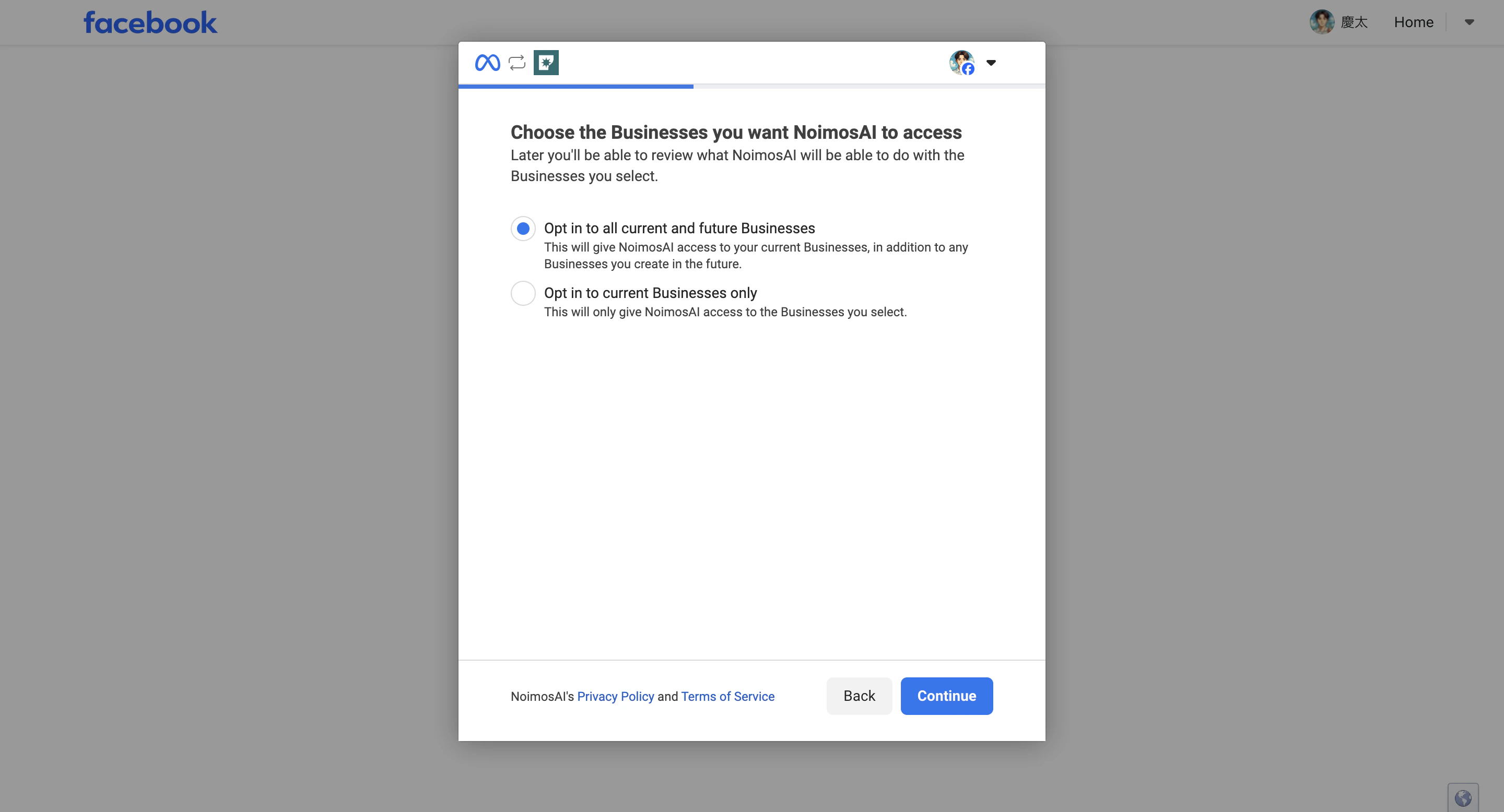 Choose business assets for Facebook authorization