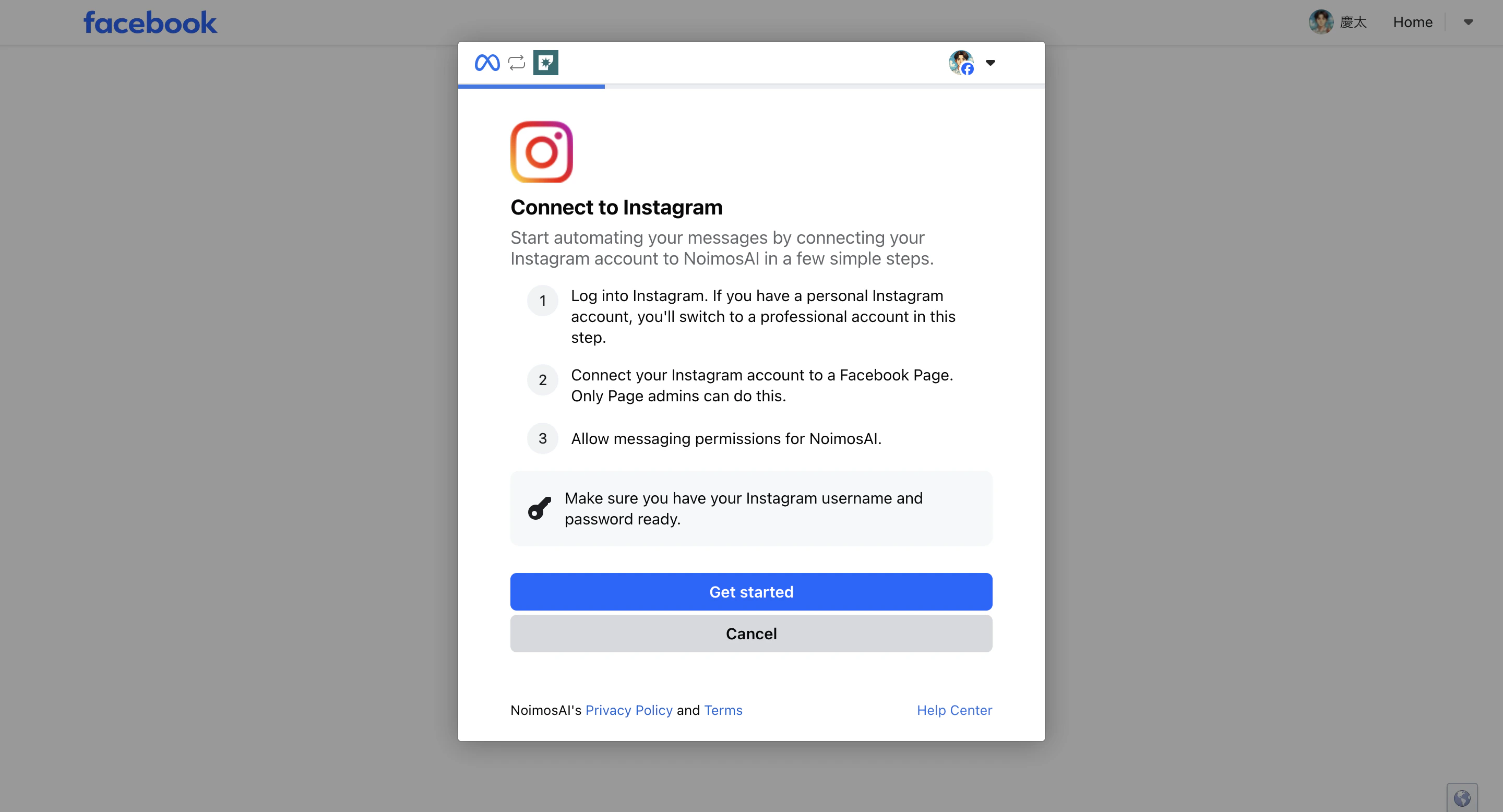 Get started in Instagram connection flow