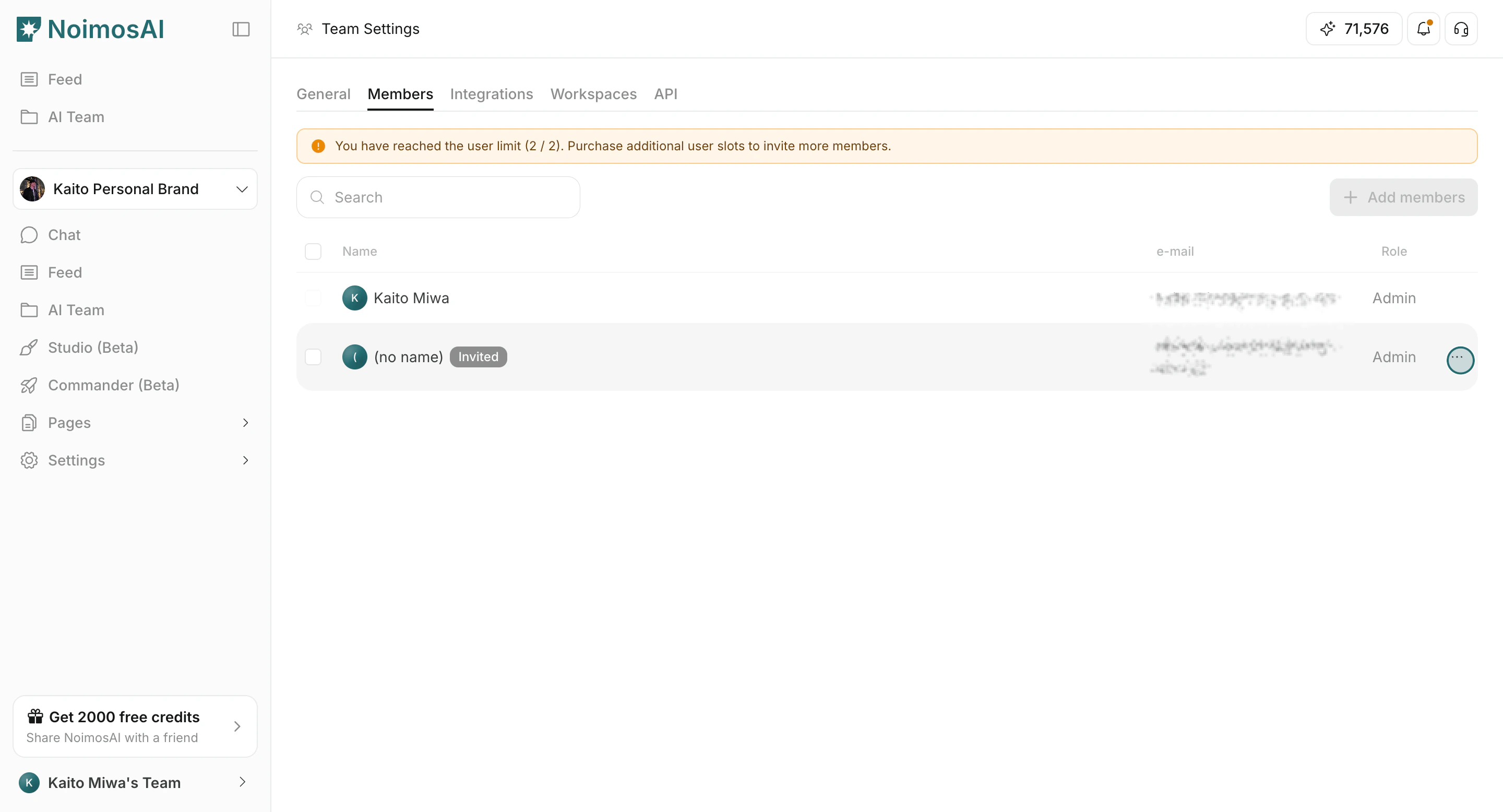Open row actions for a team member
