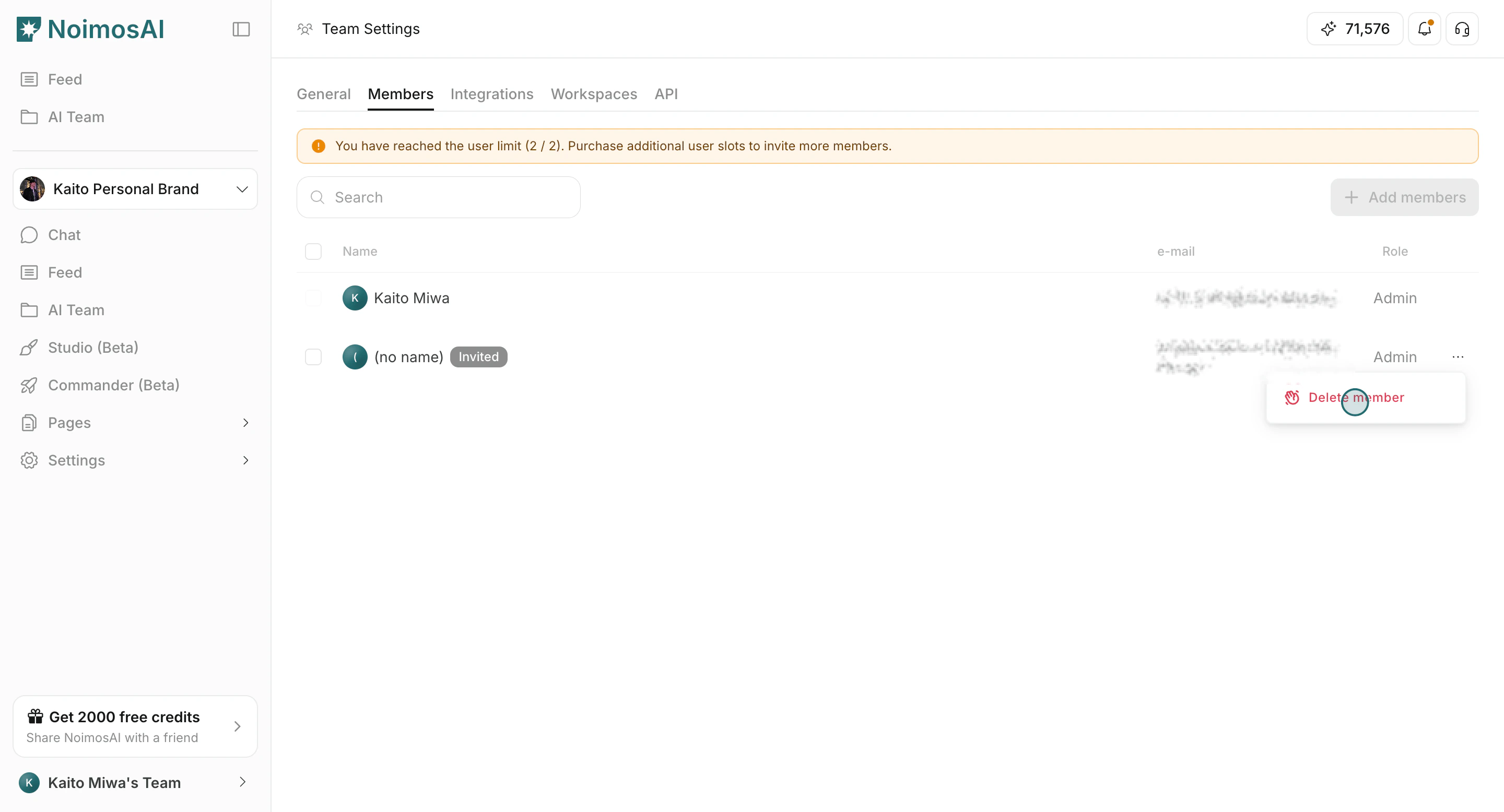 Delete member action from row menu