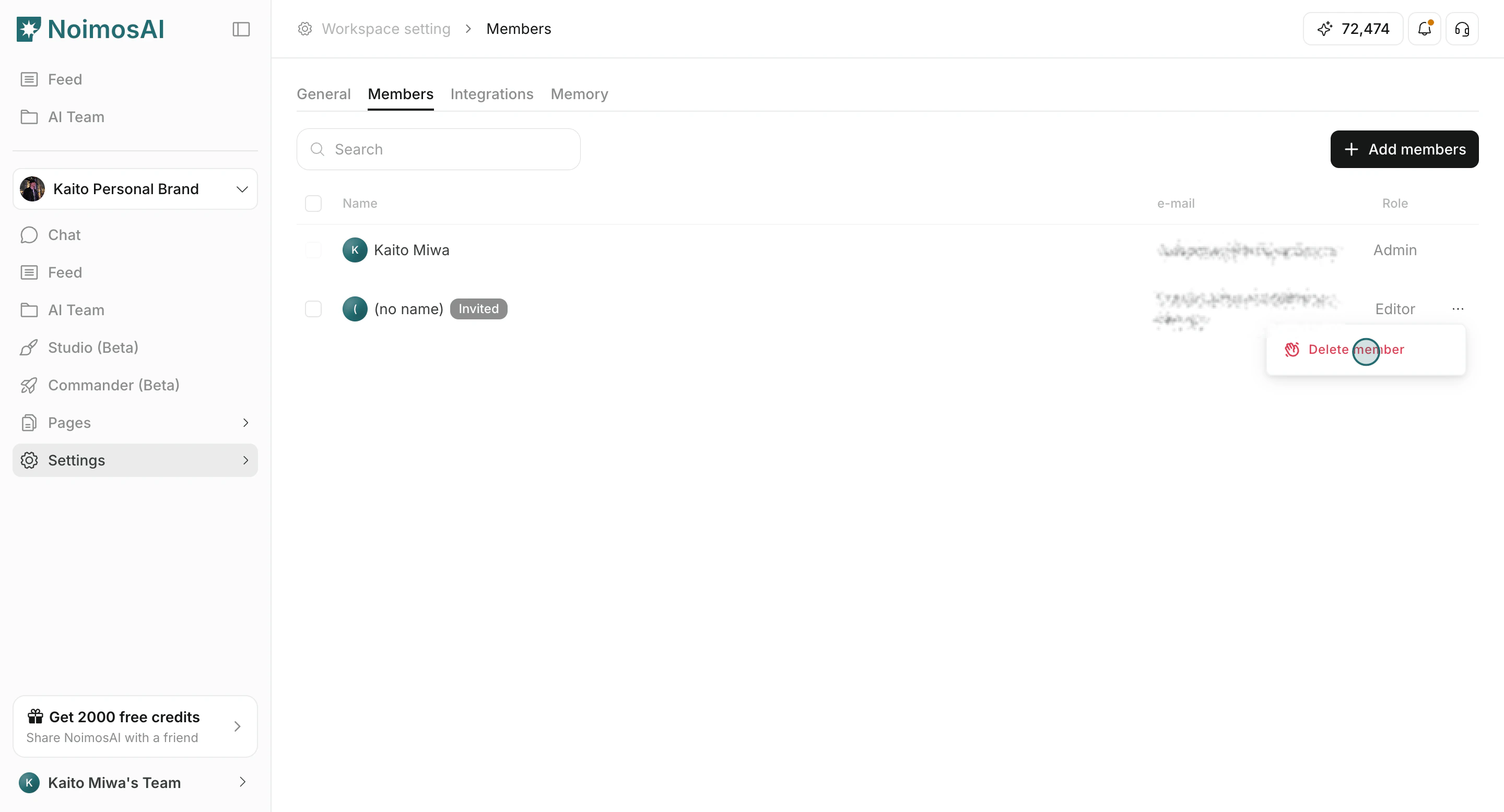 Delete member action in workspace