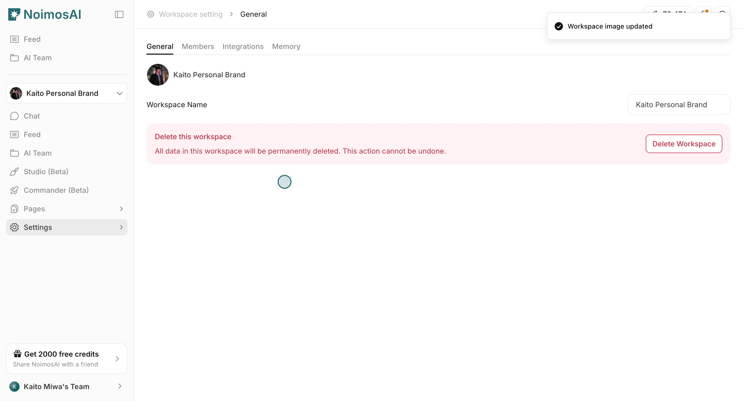 Updated workspace name and image in UI