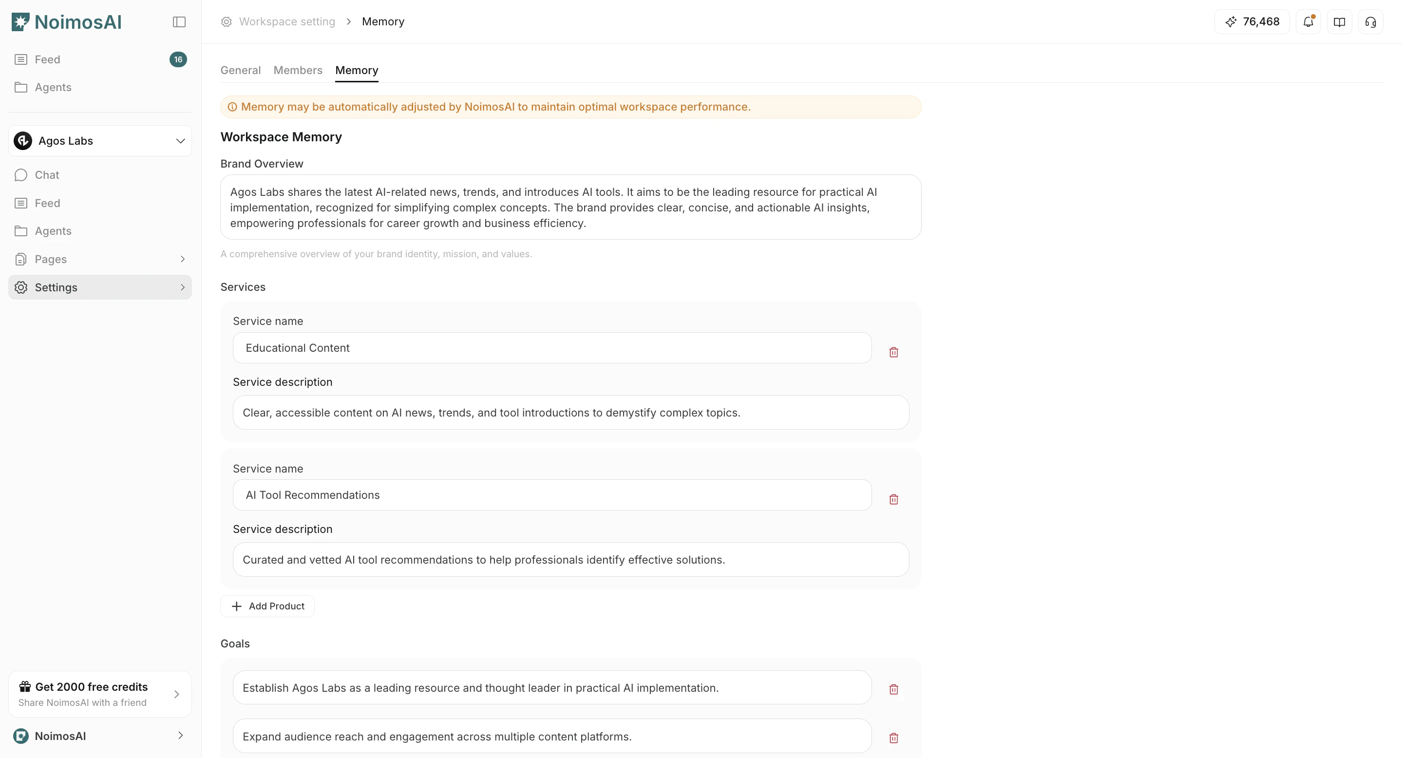 Memory tab with workspace, personal, and account memory sections