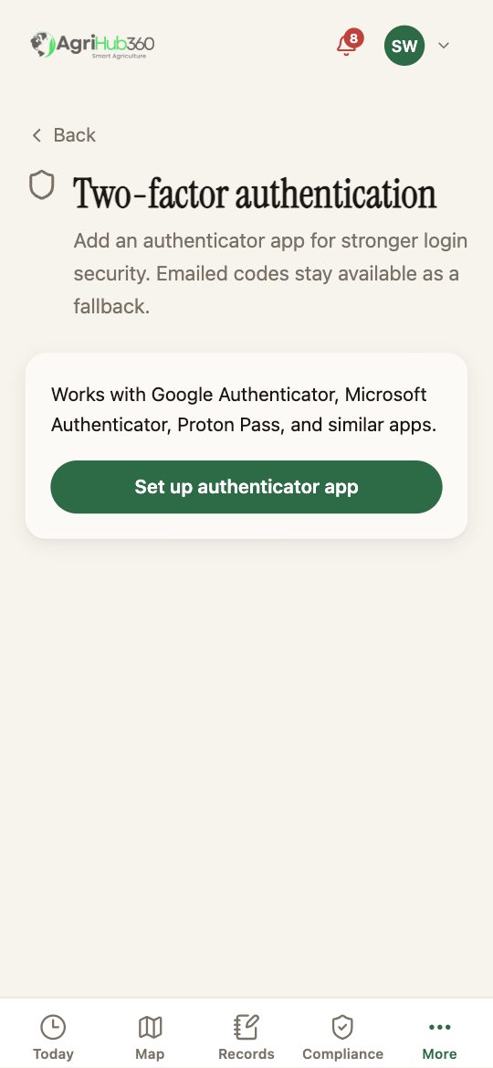Two-factor authentication: the note that emailed codes stay as a fallback, and Set up authenticator app.