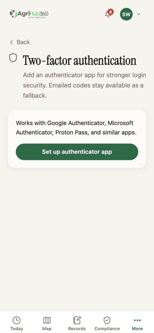 Two-factor authentication: the note that emailed codes stay as a fallback, and Set up authenticator app.