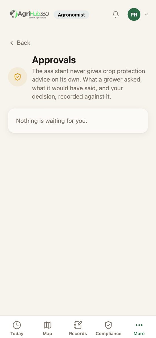 The approvals page on the Agronomist account: the questions waiting, each with the farm and the field.