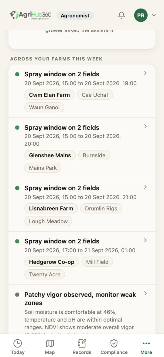 The Agronomist page: Across your farms this week, with spray windows on Cwm Elan Farm, Glenshee Mains, Lisnabreen Farm and Hedgerow Co-op, each with the fields as chips.
