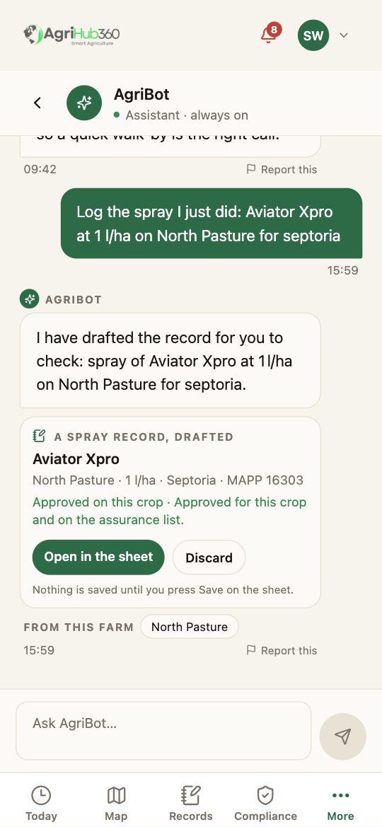 The assistant: the message 'Log the spray I just did', then the reply with a card titled A spray record, drafted, the product, field, rate and MAPP number, and the buttons Open in the sheet and Discard.