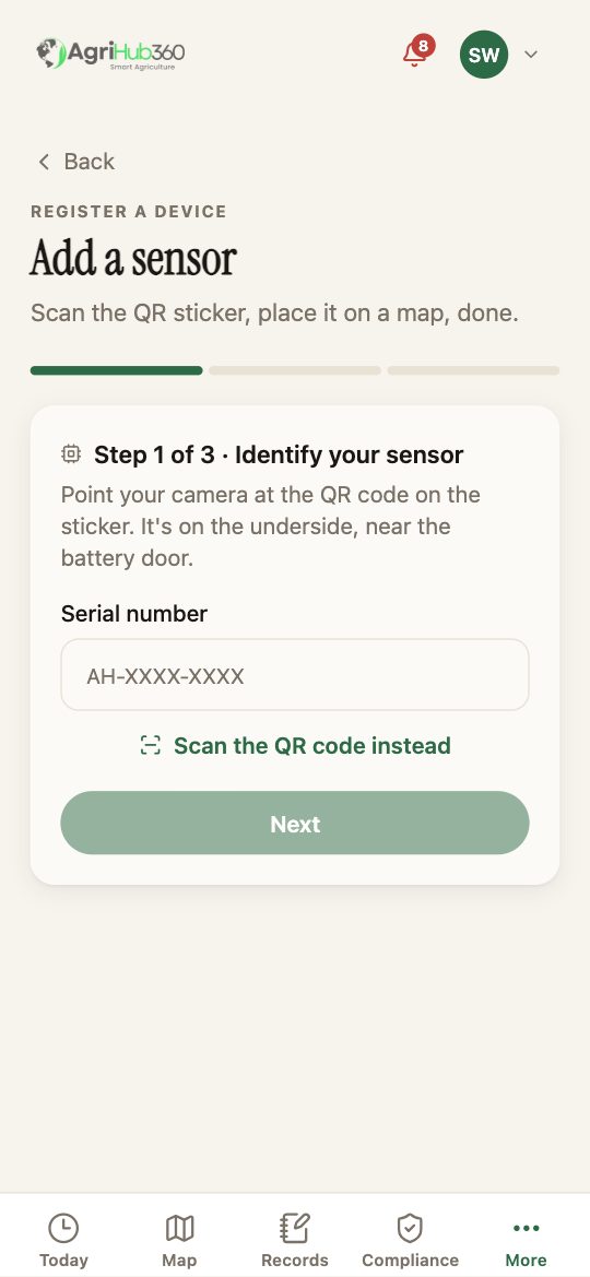 Register a device: Step 1 of 3, Identify your sensor, the Serial number box and Scan the QR code instead, then Next.