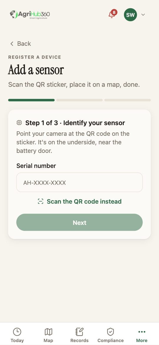 Register a device: Step 1 of 3, Identify your sensor, the Serial number box and Scan the QR code instead, then Next.