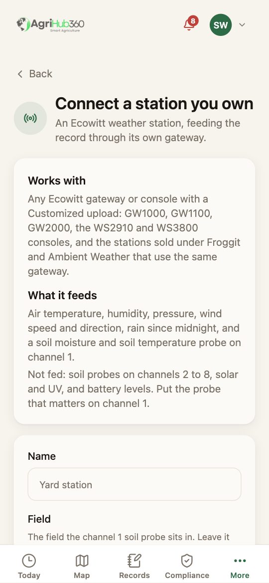 The Connect a station page: what it works with, what it feeds, then the name and field fields.