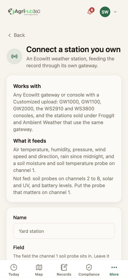 The Connect a station page: what it works with, what it feeds, then the name and field fields.