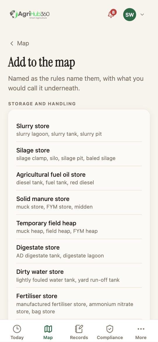 Add to the map: Storage and handling, with Slurry store, Silage store, Agricultural fuel oil store, Solid manure store, Temporary field heap and more, each with its everyday names underneath.
