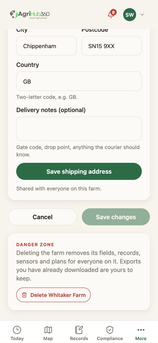 Edit farm: the Danger zone with the note that deleting removes fields, records, sensors and plans for everyone, and Delete Whitaker Farm.