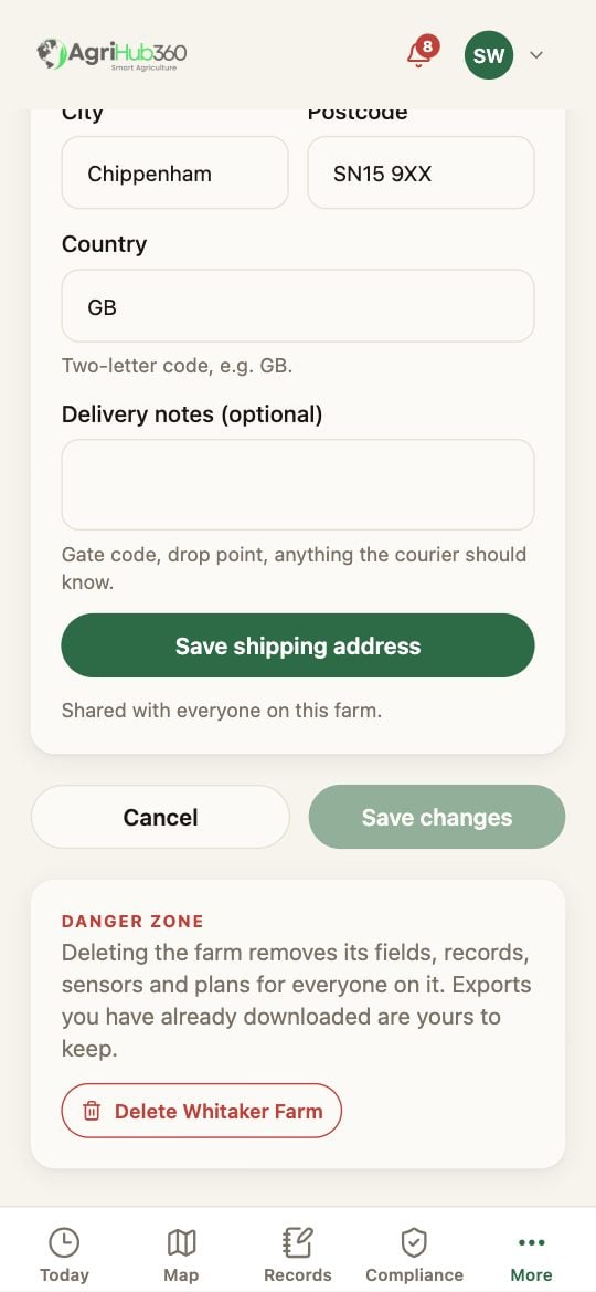 Edit farm: the Danger zone with the note that deleting removes fields, records, sensors and plans for everyone, and Delete Whitaker Farm.