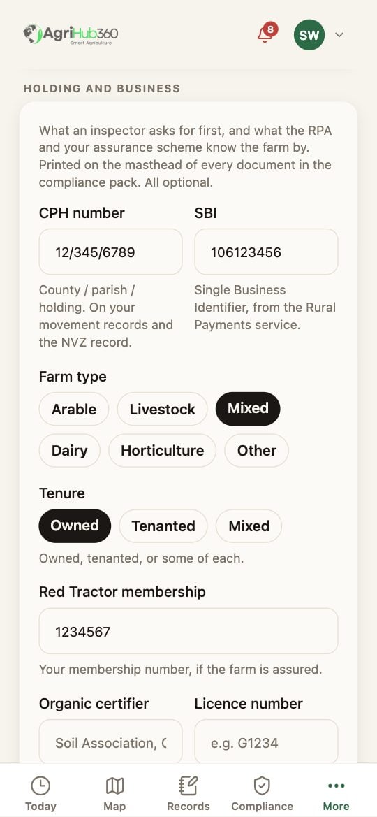Holding and business: CPH number 12/345/6789, SBI 106123456, Farm type with Mixed chosen, Tenure with Owned chosen, Red Tractor membership.