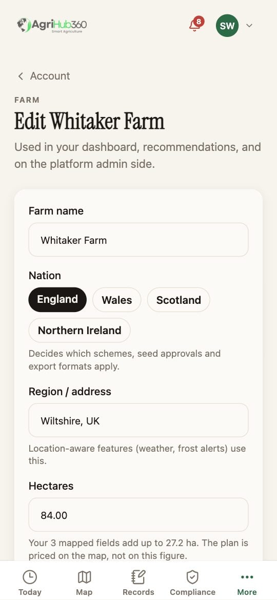 Edit Whitaker Farm: Farm name, Nation with England chosen, Region, Hectares with the note that three mapped fields add up to 27.2 ha.