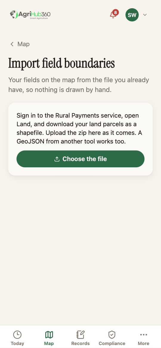 Import field boundaries: a note on downloading parcels from the Rural Payments service, and Choose the file.