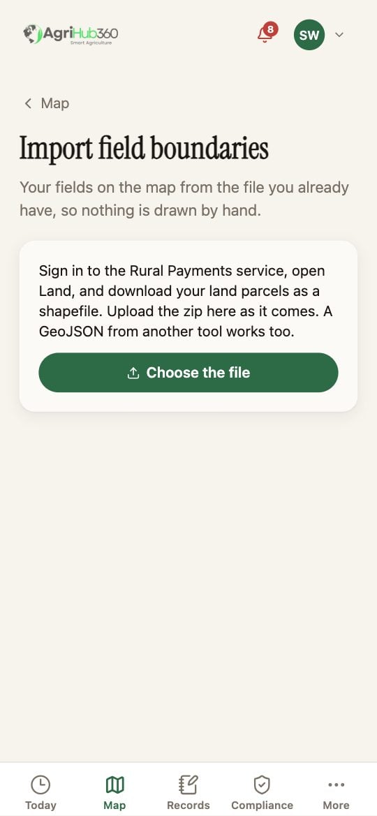 Import field boundaries: a note on downloading parcels from the Rural Payments service, and Choose the file.
