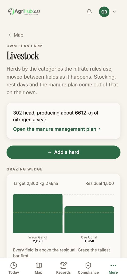 The Livestock page: Add a herd, the herds list, and grazing by field.