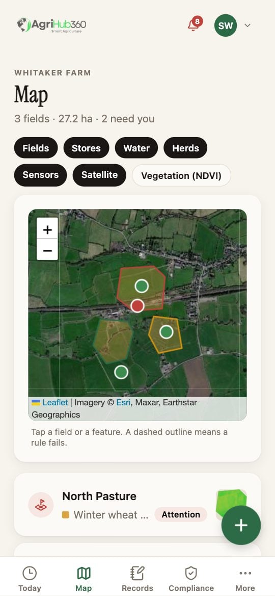 The Map tab: chips for Fields, Stores, Water, Herds, Sensors, Satellite and Vegetation (NDVI), then the map with three fields on satellite imagery and the sensor pins.