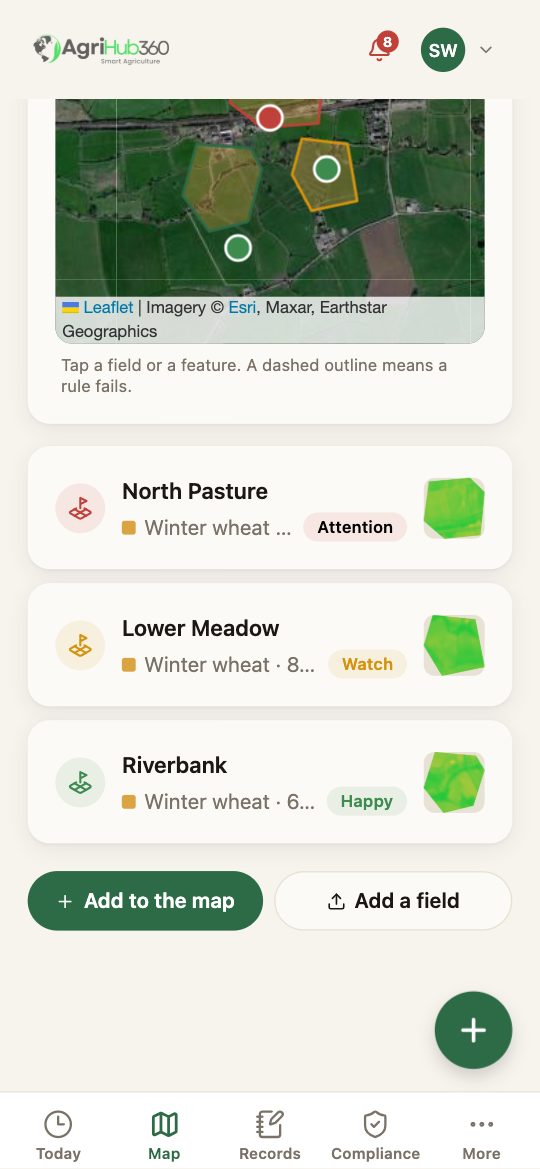 Field rows: North Pasture, Winter wheat, an Attention badge and its NDVI tile on the right.