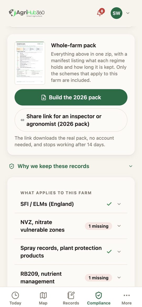The pack card on the Compliance tab: the cover thumbnail, Build the 2026 pack, and Share link for an inspector or agronomist.