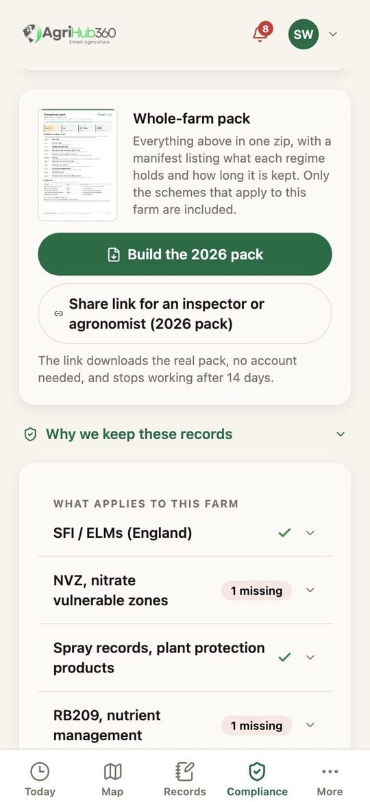 The pack card on the Compliance tab: the cover thumbnail, Build the 2026 pack, and Share link for an inspector or agronomist.