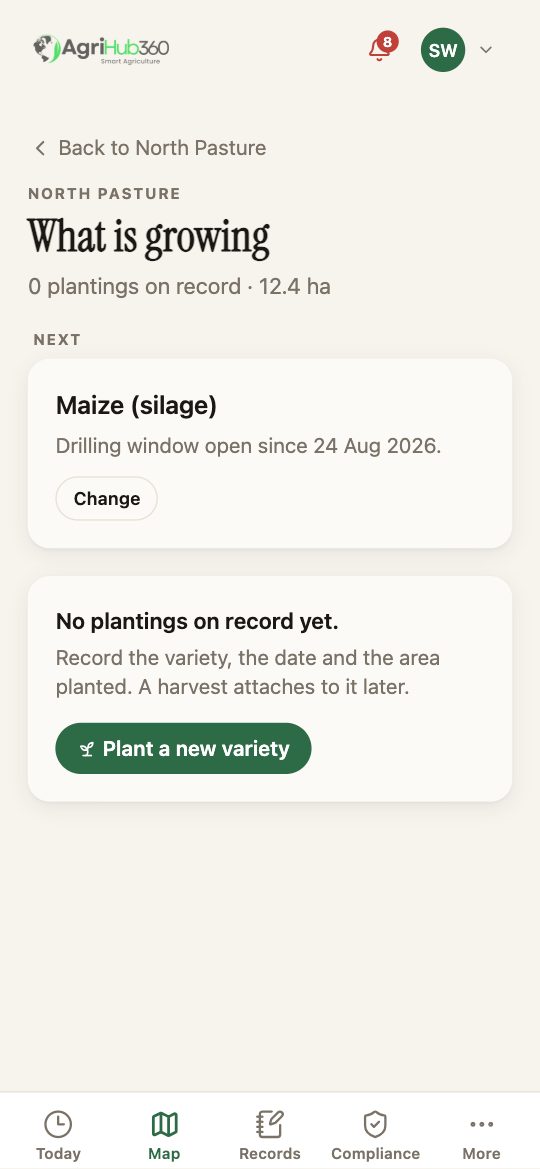 What is growing on North Pasture: 0 plantings on record, Next: Maize (silage) with the drilling window open since 24 August, and Plant a new variety.