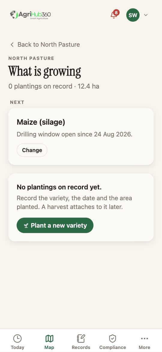What is growing on North Pasture: 0 plantings on record, Next: Maize (silage) with the drilling window open since 24 August, and Plant a new variety.