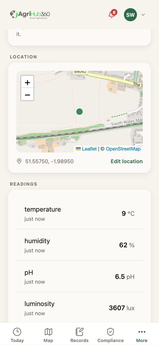 North Pasture sensor: the field chips, then a map with the pin and its coordinates, and Edit location.