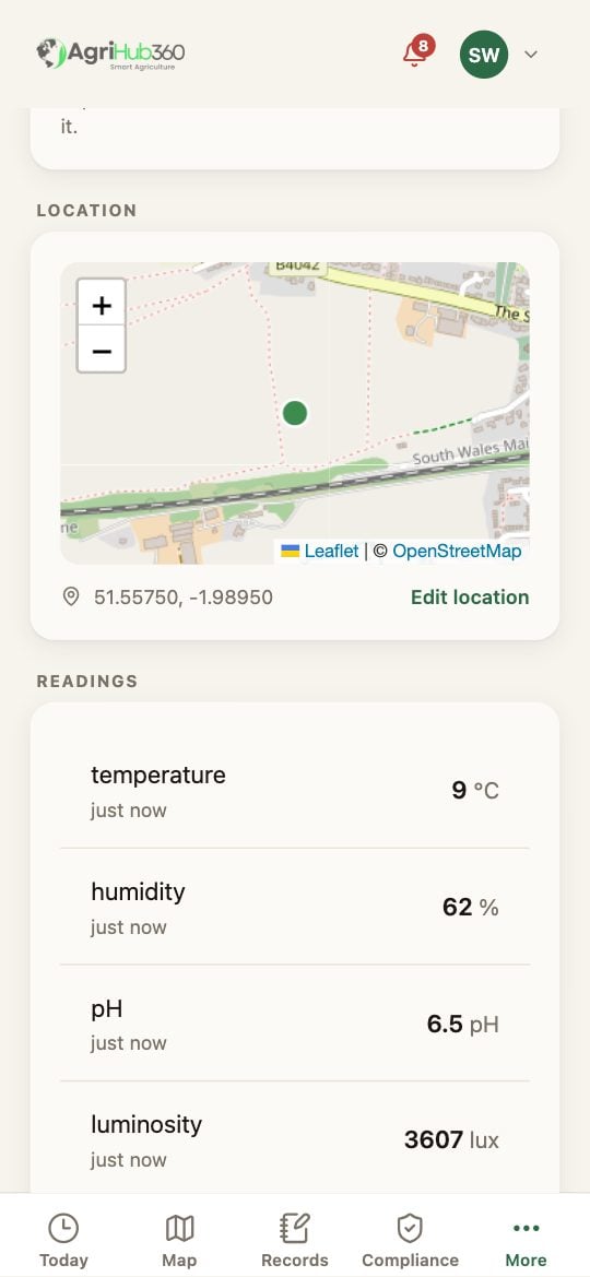 North Pasture sensor: the field chips, then a map with the pin and its coordinates, and Edit location.