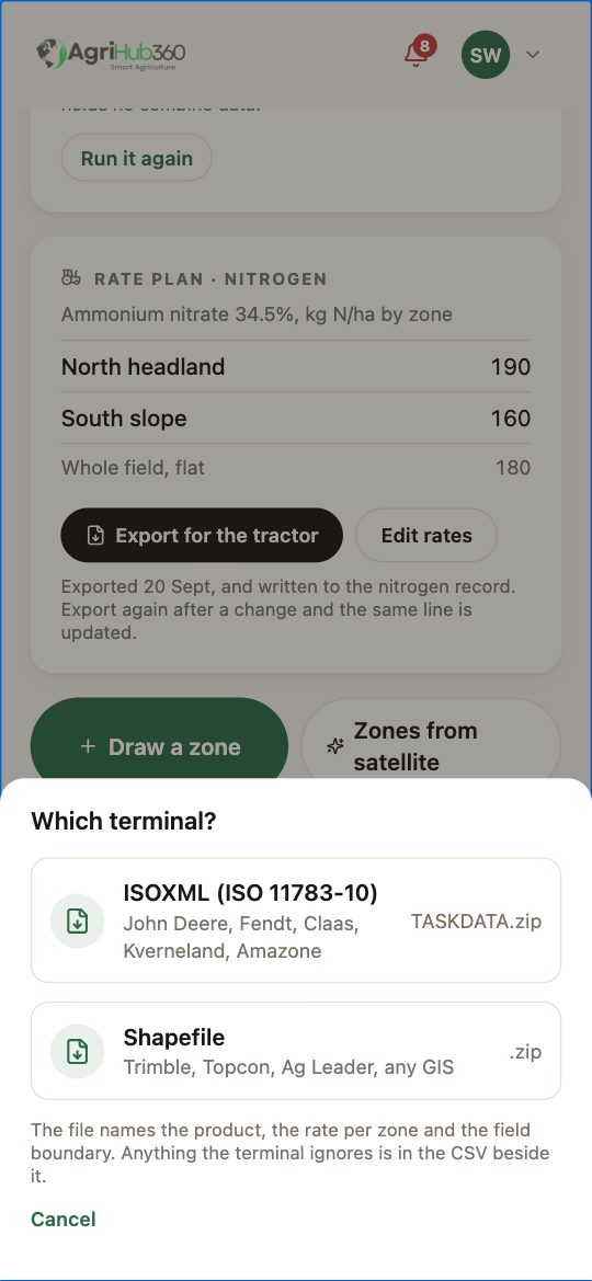 The export sheet: ISOXML (ISO 11783-10) for John Deere, Fendt, Claas, Kverneland, Amazone, and Shapefile for Trimble, Topcon, Ag Leader, any GIS.