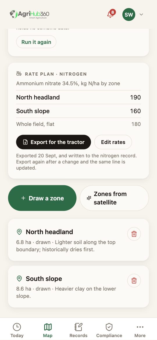 Rate plan, nitrogen: Ammonium nitrate 34.5%, North headland 190, South slope 160, Whole field flat 180, and the buttons Export for the tractor and Edit rates.